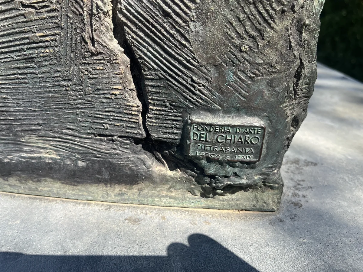 Foundry stamp cast into the base of Tindaro Screpolato — Fonderia d'Arte Del Chiaro, Pietrasanta, Lucca, Italy — provenance detail on Igor Mitoraj's Boboli Gardens bronze