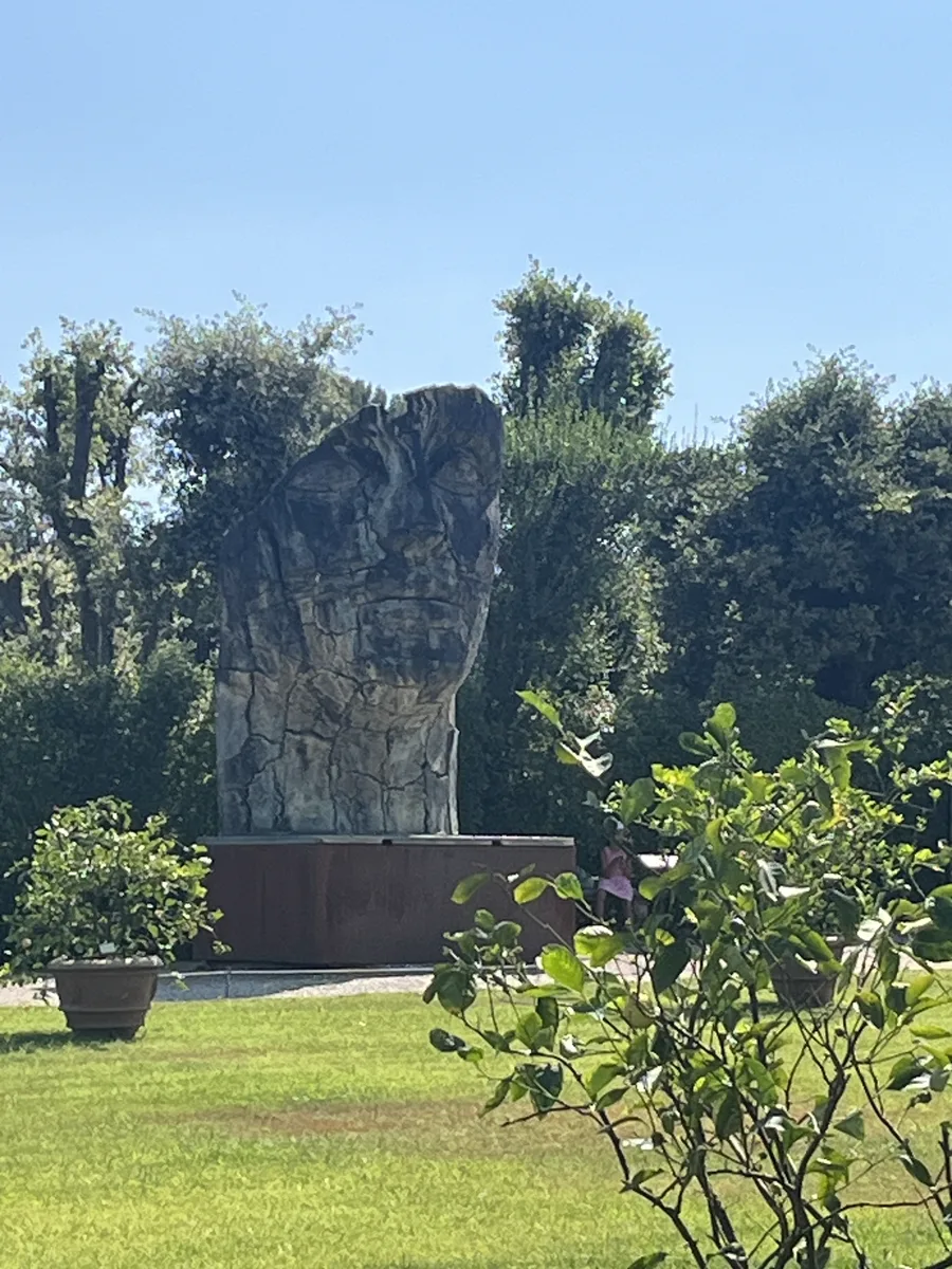 Tindaro Screpolato glimpsed between citrus foliage and the terracotta pots of the Boboli lemon garden, the bronze rising above a hedge in soft midday light