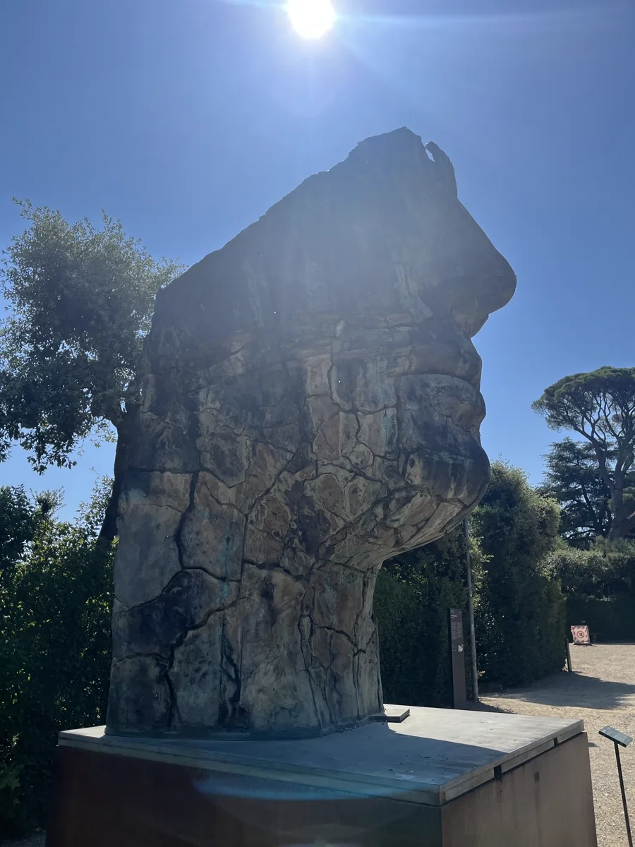 Tindaro Screpolato shot against the sun with the bronze in near silhouette, strong lens flare crowning the head and the umbrella pines of the Boboli Gardens spreading right